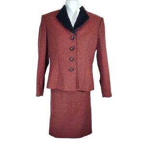 Le Suit 2 PC Skirt Suit 8 Petite Rust Brown Wool Blend Fleece Collar Herringbone
